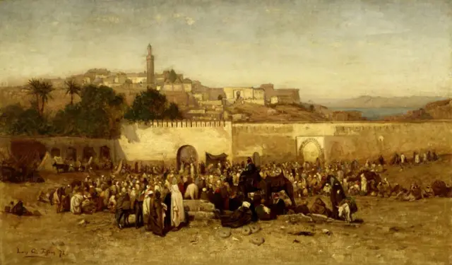 Illustration d'un marché animé à Tanger au XIXe siècle, symbole des échanges commerciaux entre le Maroc et les États-Unis.